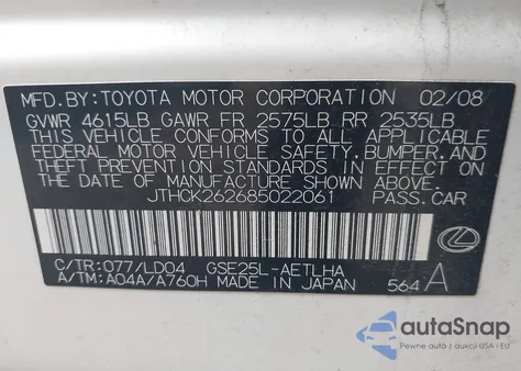 2008 Lexus Is 250 z USA, uszkodzony, nr VIN JTHCK262685022061